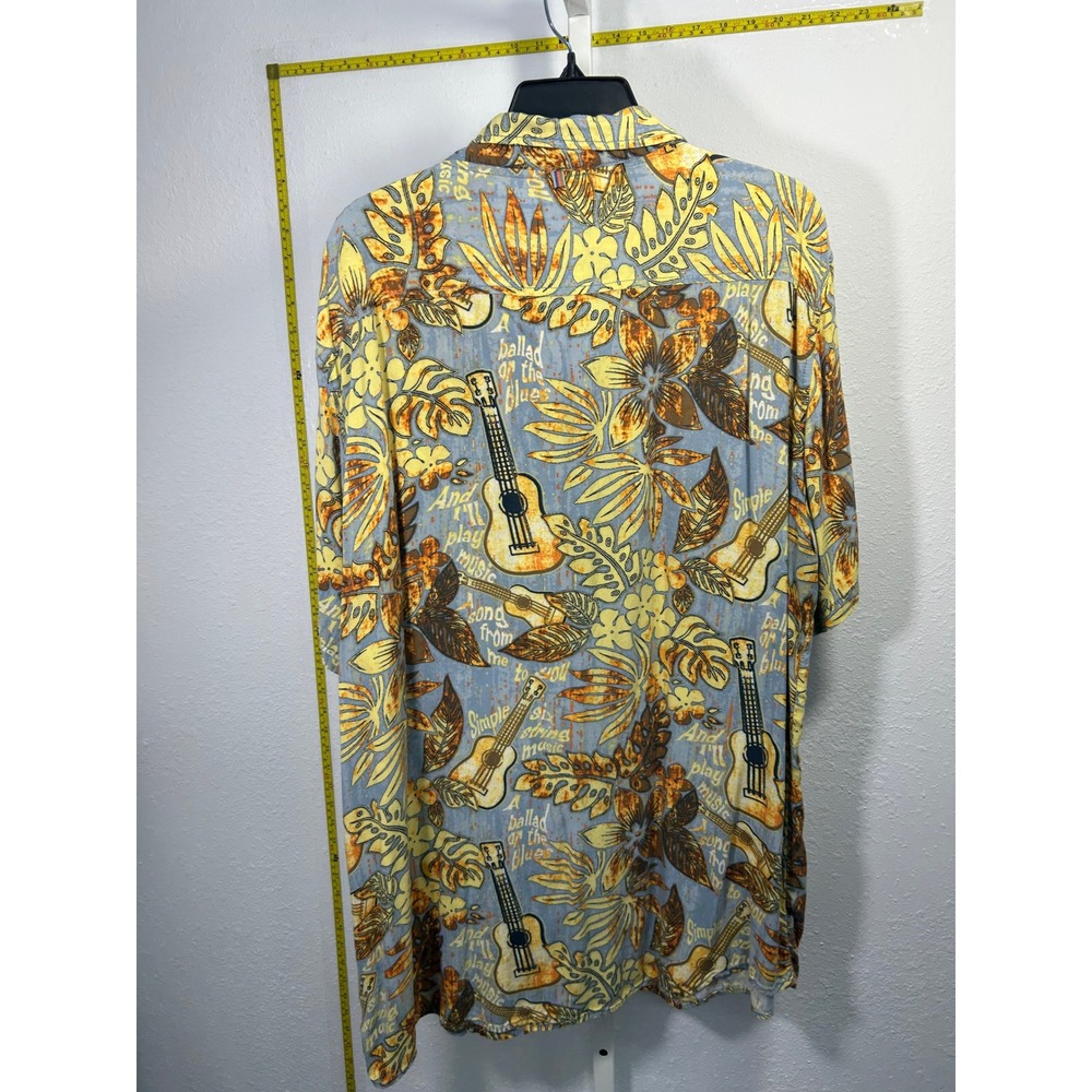 Margaritaville Mens L Tropical Ukulele Floral Camp Shirt Yellow Blue Short Slv